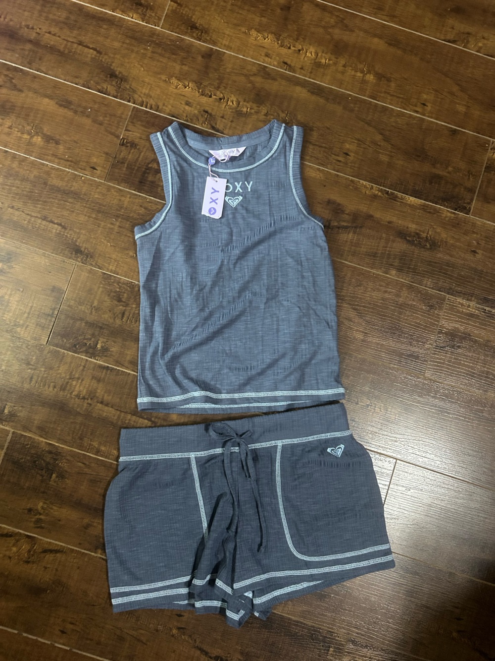 Roxy Slate Blue Ribbed Tank & Drawstring Shorts Sleep Set